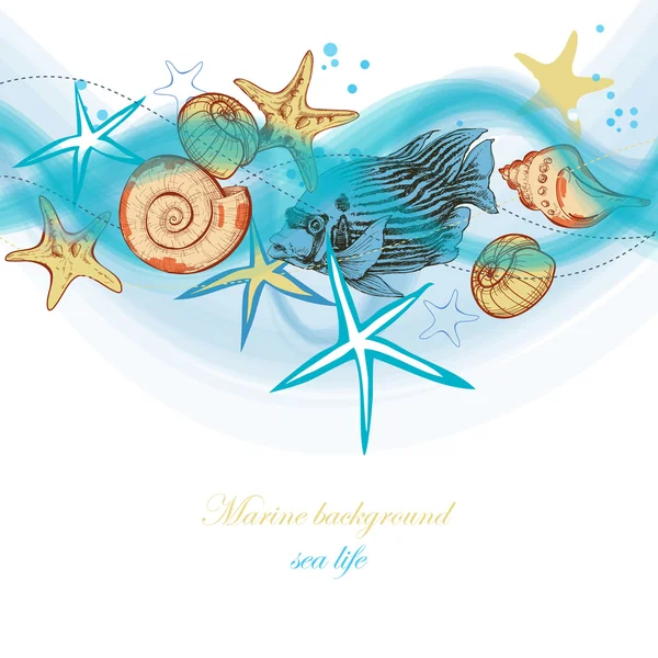 Verano mar olas y la vida marina, vacaciones, fiesta de playa backgroun — Vector de stock