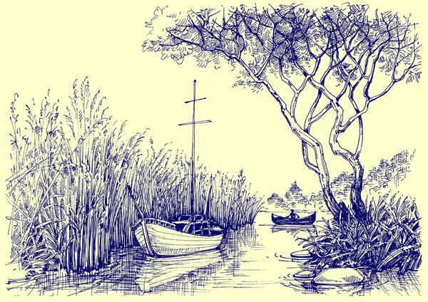 Desenho vetorial da natureza. Barcos no rio, pescadores no trabalho —  Vetores de Stock