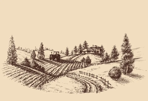 Granja paisaje etch, escena agricultura — Archivo Imágenes Vectoriales