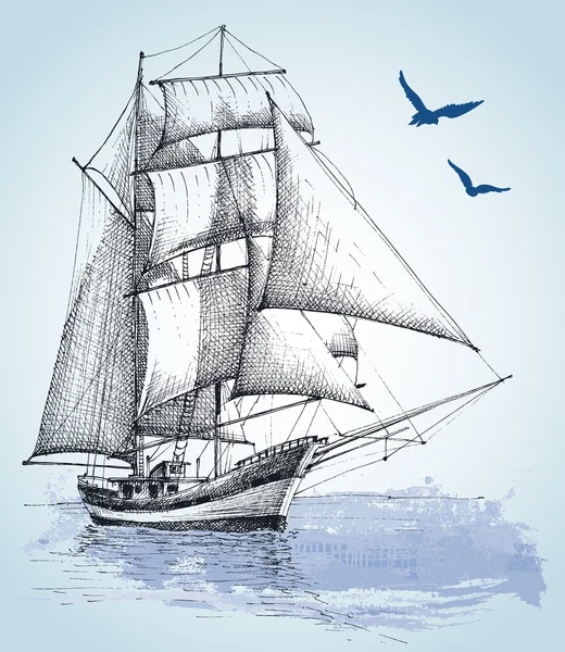 Desenho de barco. Vetor de barco à vela esboço — Vetor de Stock