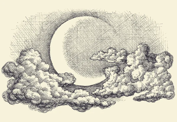 Vector del cielo nocturno, luna en las nubes dibujo a mano — Vector de stock