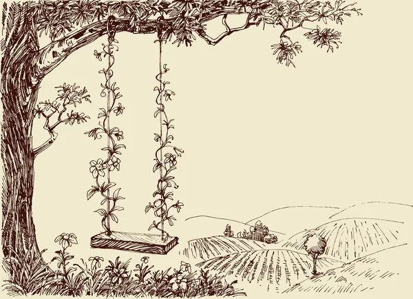 Swing tekening. Een schattig floral schommel in het bos — Stockvector