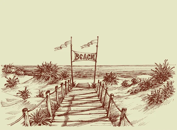 El camino a la playa, vista al mar por delante dibujo vector — Vector de stock