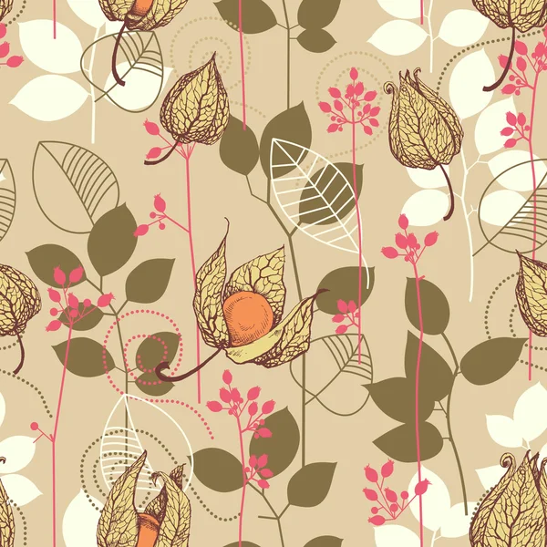 秋パターン。果物と葉の秋の色の背景に — ストックベクタ