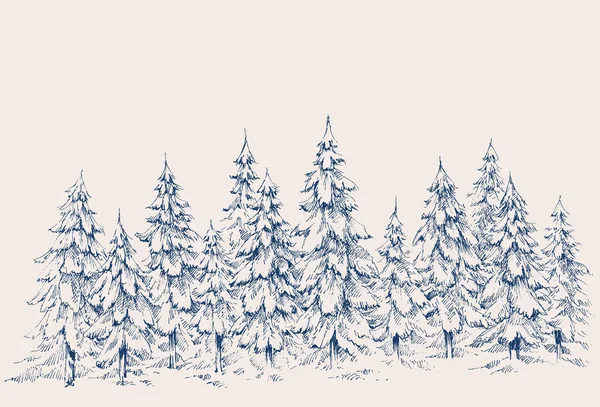 Forêt Pins Frontière Dessinée Main Paysage Hivernal — Image vectorielle