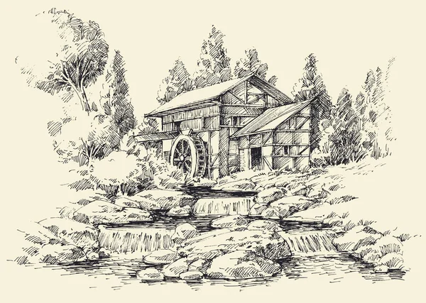 Molino Agua Río Idílico Paisaje Dibujo Mano — Archivo Imágenes Vectoriales