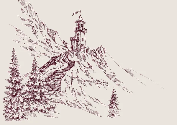 Eine Burg Auf Den Bergen Handzeichnung — Stockvektor
