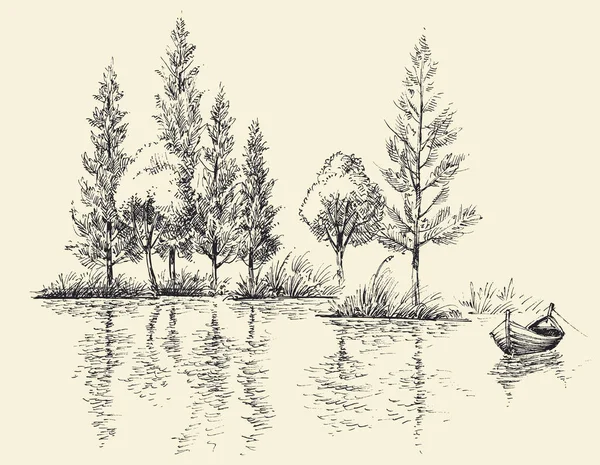 Маленькая Лодка Спокойной Воде Рисунок Озера Зарисованная Граница Деревьев Заднем — стоковый вектор