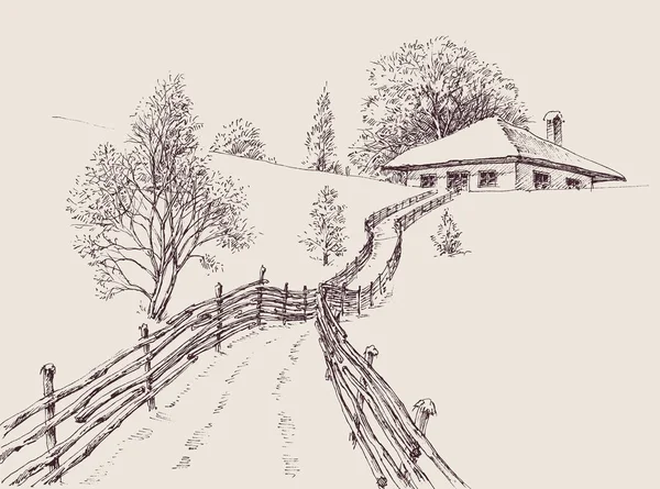 Paisaje Invernal Con Casa Bosque Camino Casa Paisaje Invernal — Archivo Imágenes Vectoriales