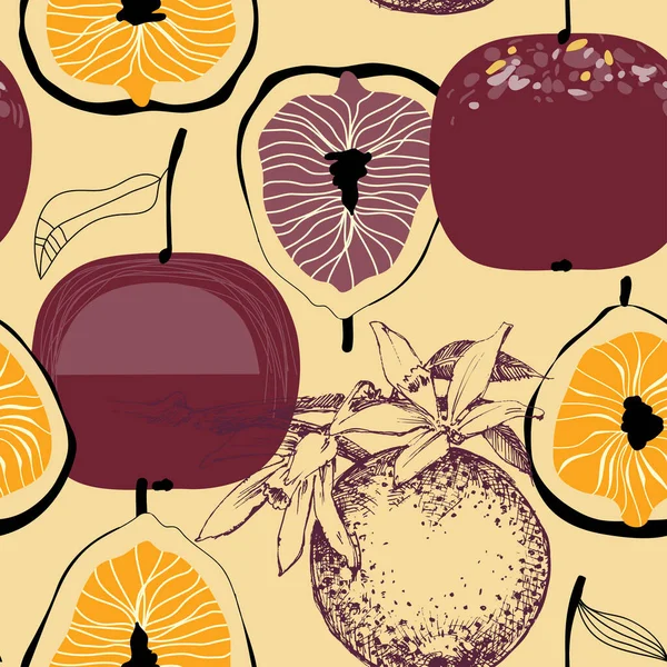 Fig Plum Orange Fruits Seamless Pattern Retro Style — Vettoriale Stock