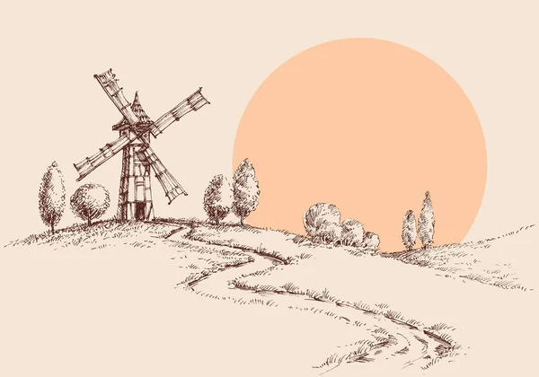 Old Wind Mills Hills Landscape Hand Drawn Nature Design — Stock vektor