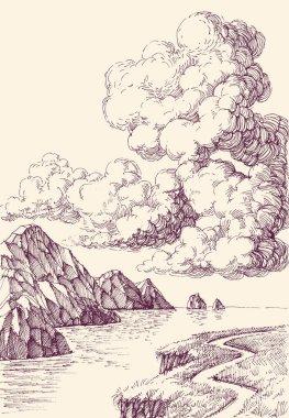 Deniz doğasının üzerindeki bulutlar el çizimi