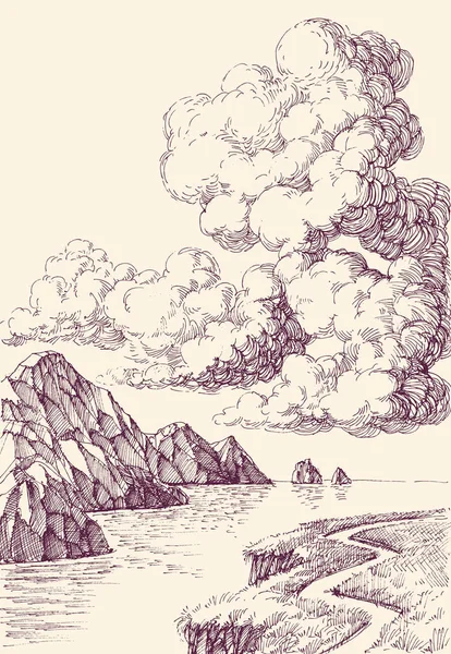 Deniz doğasının üzerindeki bulutlar el çizimi