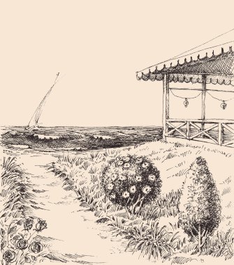 Sahil evi sahnesi, denize giden patika ve arka planda deniz dalgaları üzerinde bir tekne.