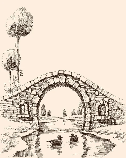 Nehir Vektör Çiziminin Üzerindeki Eski Taş Köprü — Stok Vektör