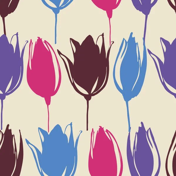 Lente Tulp Bloemen Stengels Naadloos Patroon Heldere Kleuren — Stockvector