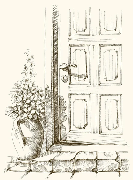 Evin Giriş Kapısı Hafifçe Açık Çiçek Saksısı Girişe Doğru Taş — Stok Vektör