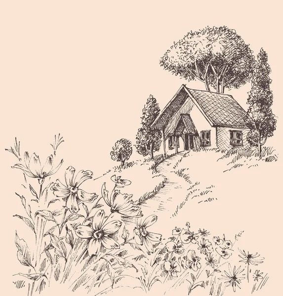 Petite Maison Bois Sur Paysage Collines — Image vectorielle