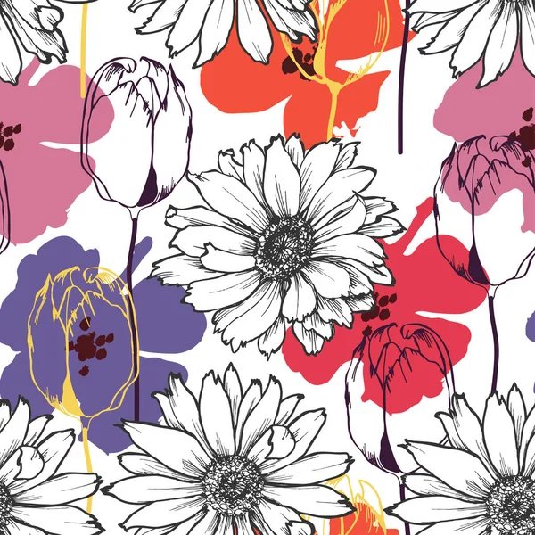 花のシームレスなパターン チューリップとデイジーの花の背景 — ストックベクタ