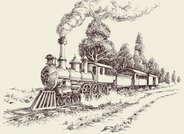 Demiryollarındaki eski buhar treni peyzaj çiziyor.