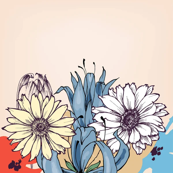 花の国境だ チューリップ デイジー ブルーベルの花束 — ストックベクタ