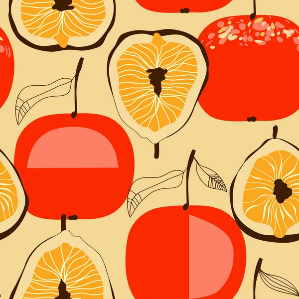 Frutas Higo Manzana Roja Patrón Sin Costuras Estilo Retro — Vector de stock