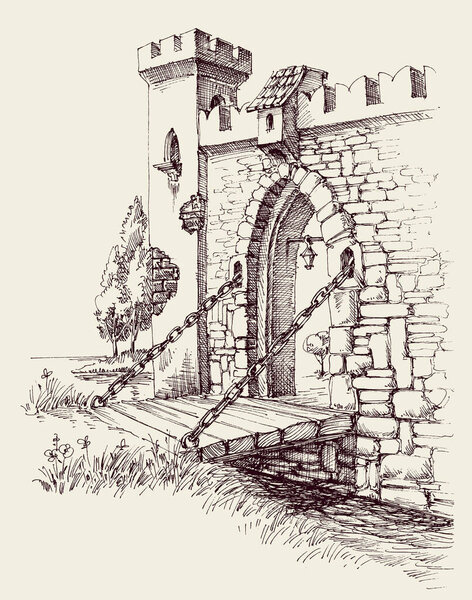 Old city citadel stone gate, wooden bridge over river artistic hand drawing