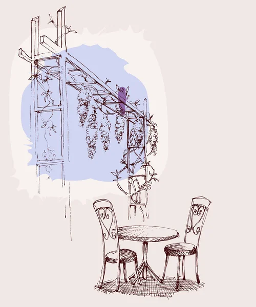 City Restaurant Tafel Onder Wisteria Struiken Vector Schets — Stockvector