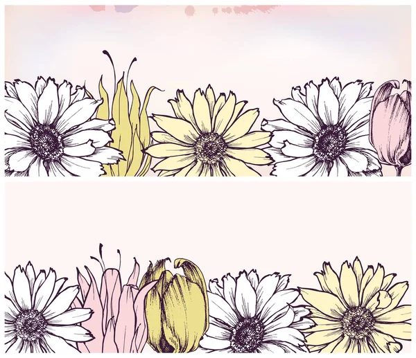 夏の花のバナーセット デイジーとチューリップの葉の背景 — ストックベクタ