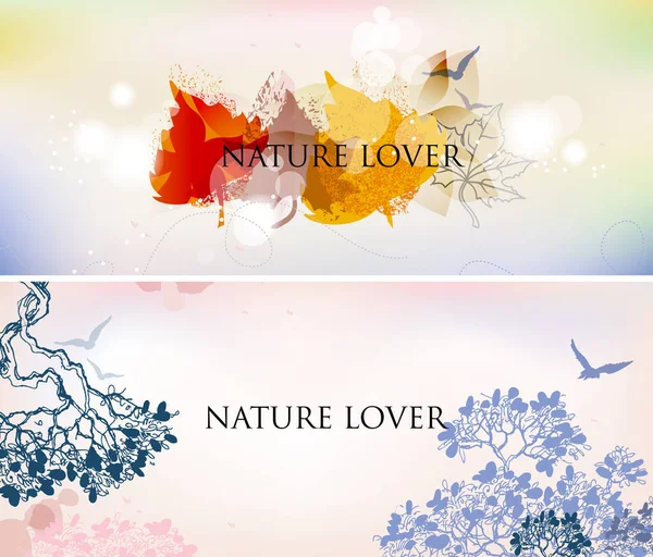 Nature Abstract Backgrounds Set Sky Trees Autumn Leaf Birds Flying — Stock Vector