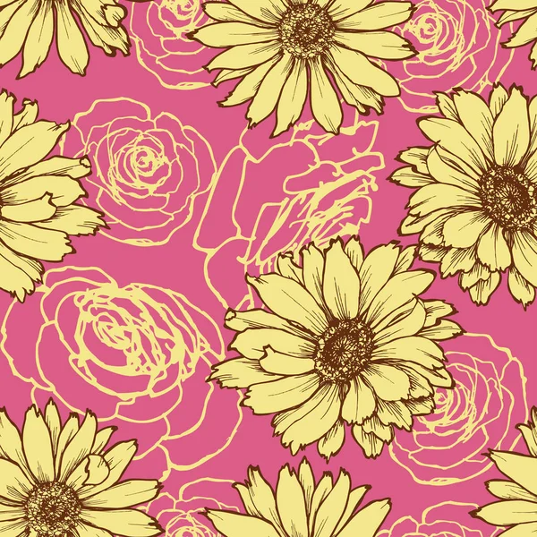 粉红背景上的花纹无缝图案 墙纸上的玫瑰和菊花图案 — 图库矢量图片