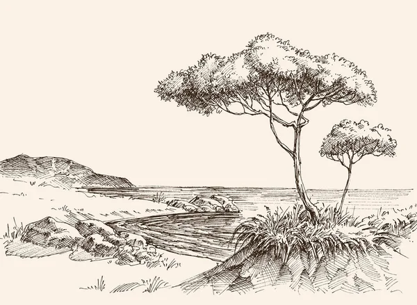 Dessin Main Sur Mer Vue Sur Mer Petite Plage Eaux — Image vectorielle