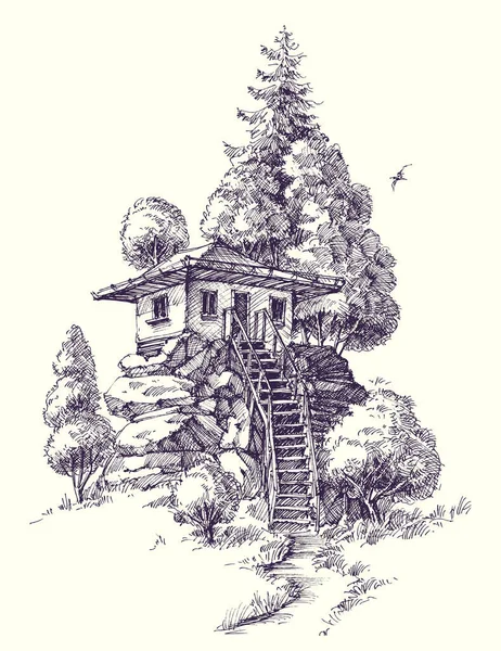 Casa Madera Lodge Cabaña Una Colina Bajo Los Árboles Dibujo — Archivo Imágenes Vectoriales