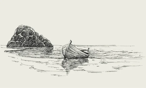 Sea Boat Hand Drawing Marine Background Sketch — 스톡 벡터