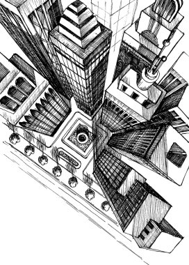 Top view of a city skyscrapers drawing, aerial view sketch