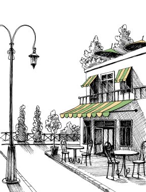 Street view of a retro city restaurant terrace, vector sketch clipart