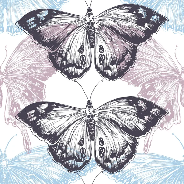 Hand drawn butterfly seamless pattern, texture pastels over whit — Stock Vector