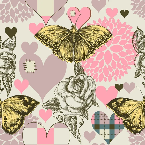 Coeurs fleurs et style rétro papillon motif sans couture — Image vectorielle