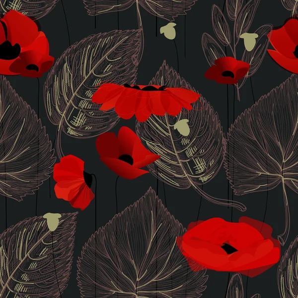 Poppy flowers and leaf seamless pattern over black — Stock Vector