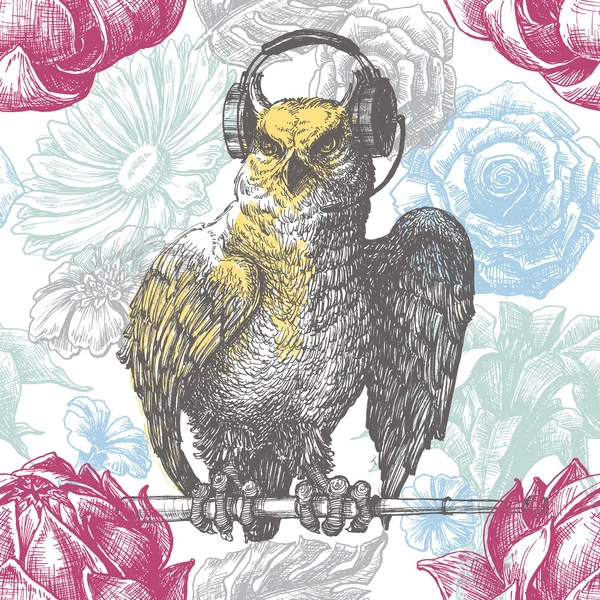 Legrační květinový vzor bezešvé v pastelových barvách, roztomilý sova s on — Stockový vektor