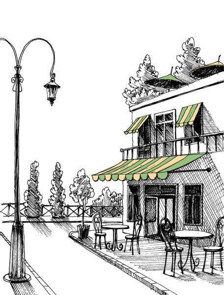 Street view of a retro city restaurant terrace, vector sketch