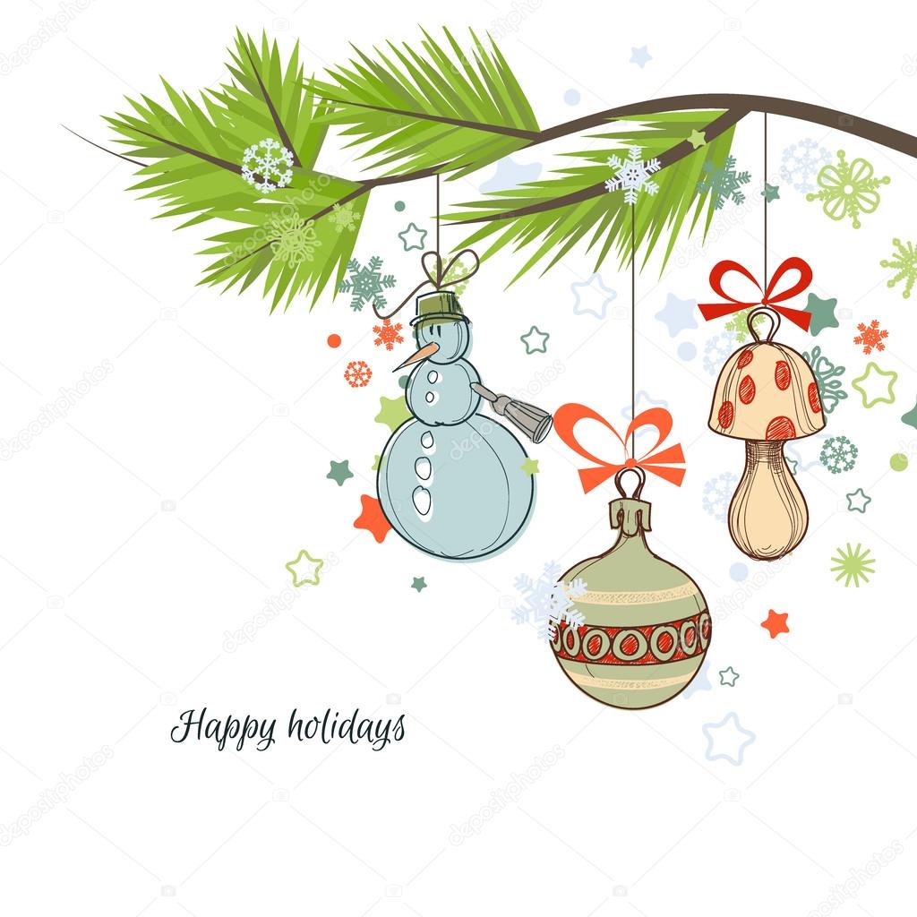 Christmas background, tree branch and cute ornaments 