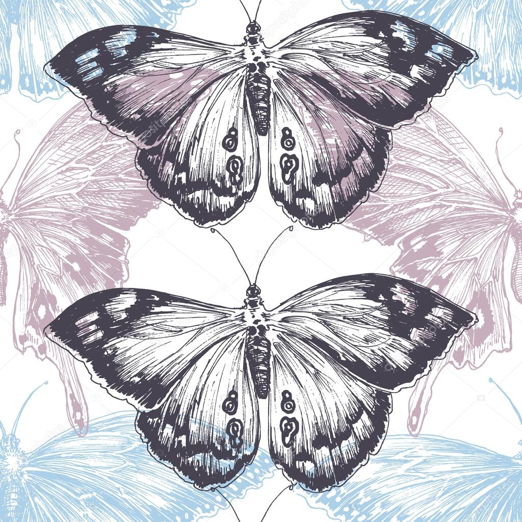 Hand drawn butterfly seamless pattern, texture pastels over whit