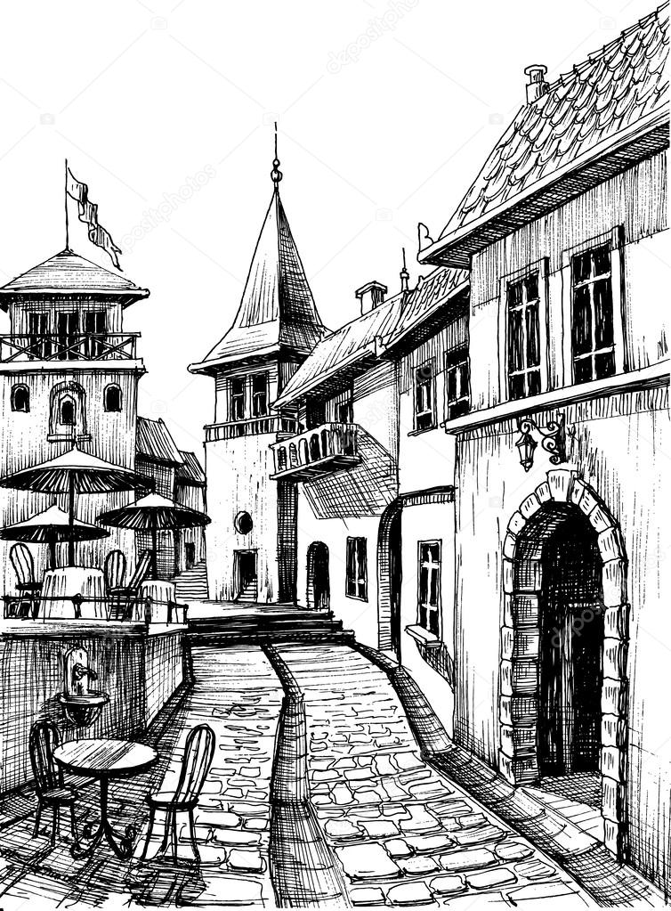 Old peaceful city drawing, restaurant terrace sketch 