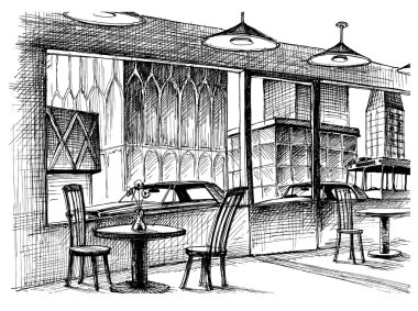Restoran iç vektör kroki, şehir cadde görünümü 