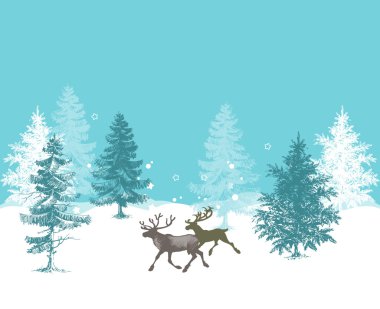 Noel arka plan, çam ormanları ve geyik 