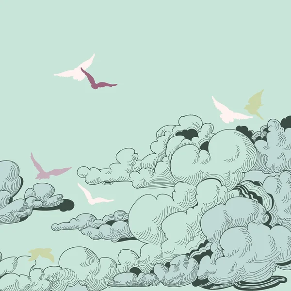 Pozadí nebe, mraky a ptáci přelétají — Stockový vektor