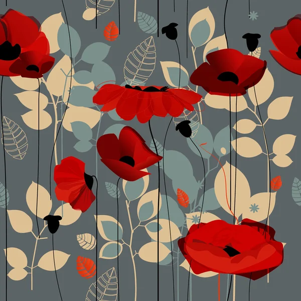 Poppy flowers seamless pattern over grey — Stock Vector