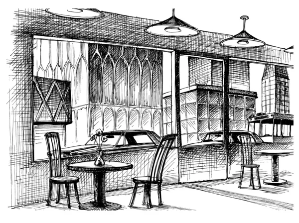 Restaurant croquis vectoriel intérieur, vue sur la ville — Image vectorielle