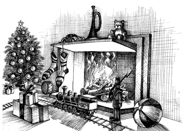 Christmas traditional indoor scene, decorated room, Christmas tr Royalty Free Stock Illustrations